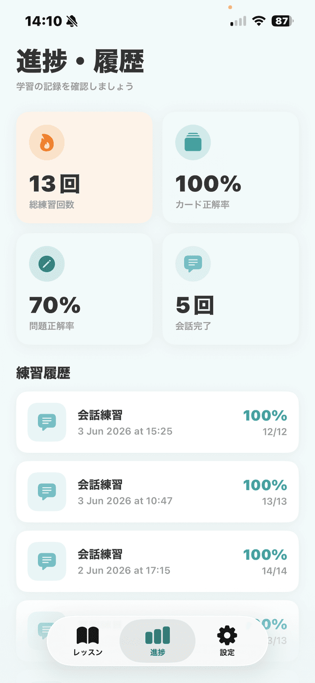 進捗・履歴の画面
